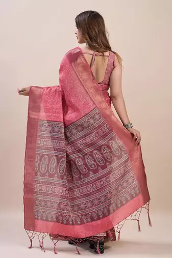 peach bandhani printed zari saree