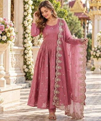 Pink silk blend readymade anarkali with embroidery & sequence work 1