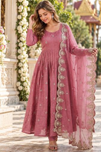 Pink silk blend readymade anarkali with embroidery & sequence work