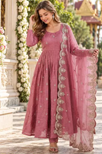 Pink silk blend readymade anarkali with embroidery & sequence work