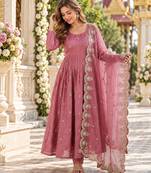 Pink silk blend readymade anarkali with embroidery & sequence work