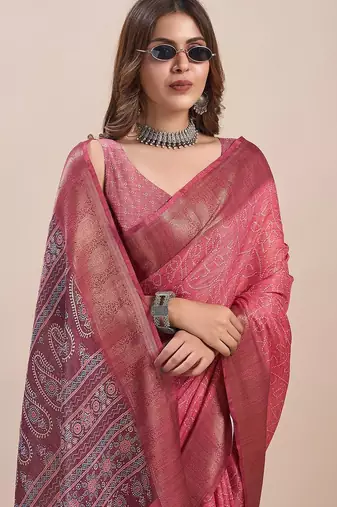 peach bandhani printed zari saree