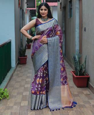 blue blue & purple woven design zari organza heavy work kanjeevaram saree 1