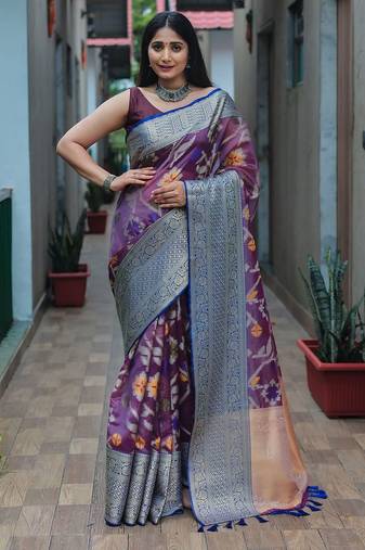 blue blue & purple woven design zari organza heavy work kanjeevaram saree