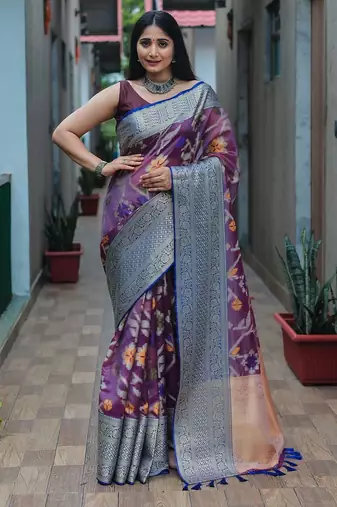 blue blue & purple woven design zari organza heavy work kanjeevaram saree
