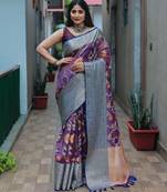 blue blue & purple woven design zari organza heavy work kanjeevaram saree