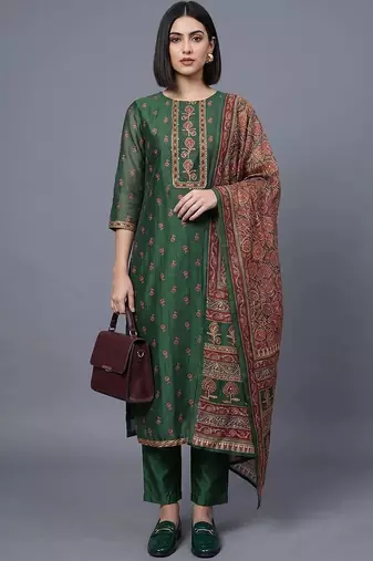 women ethnic motifs embroidered regular thread work chanderi silk kurta set