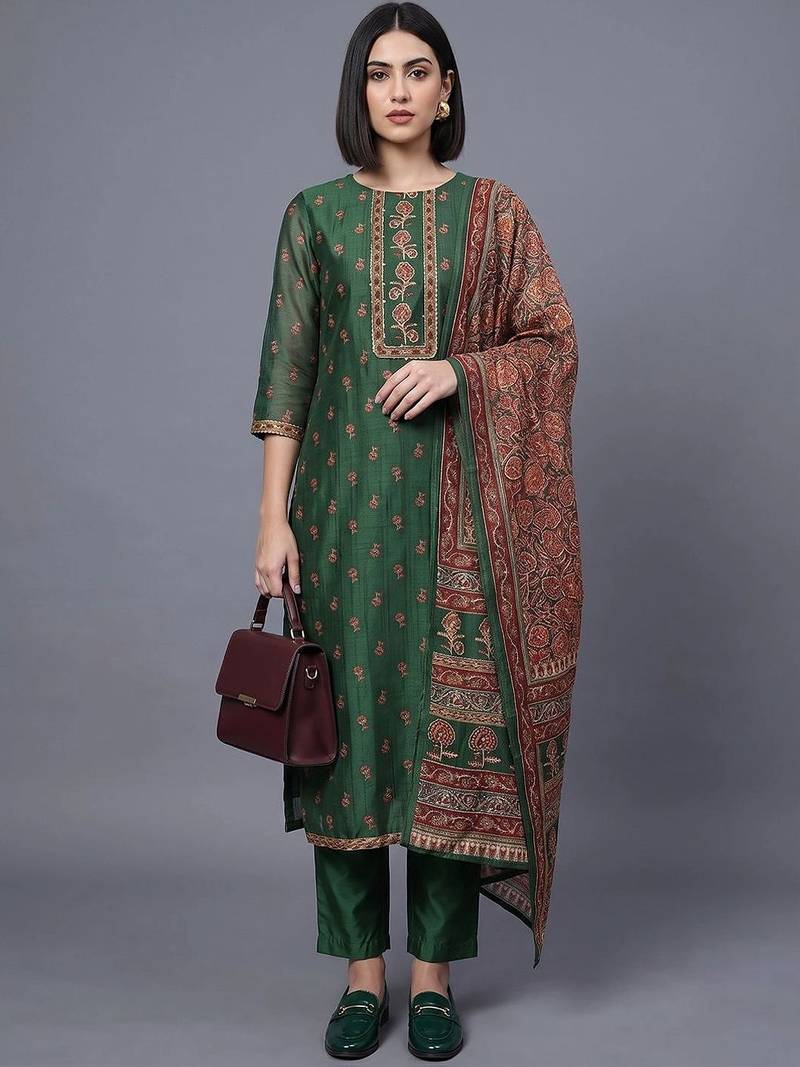 women ethnic motifs embroidered regular thread work chanderi silk kurta set