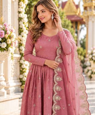 Pink silk blend readymade anarkali with embroidery & sequence work 2