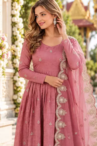 Pink silk blend readymade anarkali with embroidery & sequence work