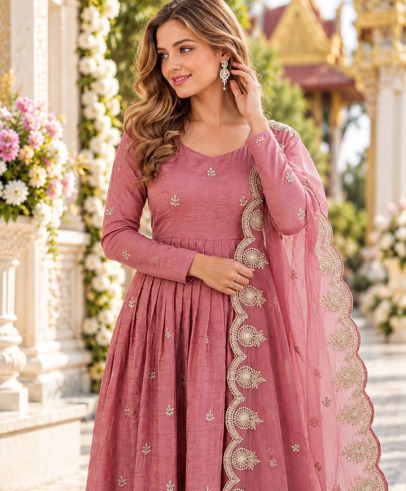 Pink silk blend readymade anarkali with embroidery & sequence work