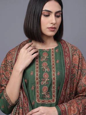 women ethnic motifs embroidered regular thread work chanderi silk kurta set 2