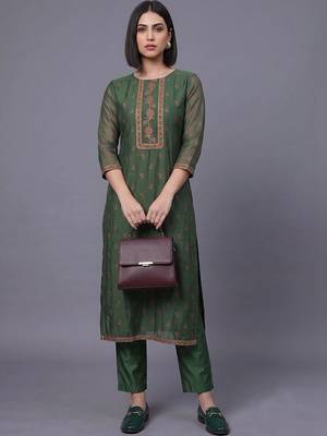 women ethnic motifs embroidered regular thread work chanderi silk kurta set 3