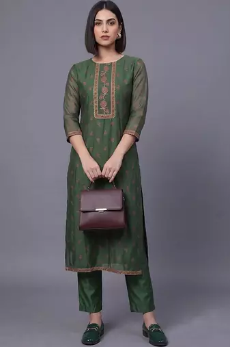 women ethnic motifs embroidered regular thread work chanderi silk kurta set