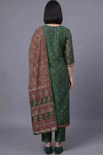 women ethnic motifs embroidered regular thread work chanderi silk kurta set