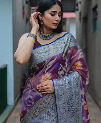 blue blue & purple woven design zari organza heavy work kanjeevaram saree 2