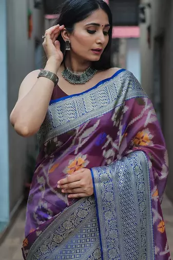 blue blue & purple woven design zari organza heavy work kanjeevaram saree
