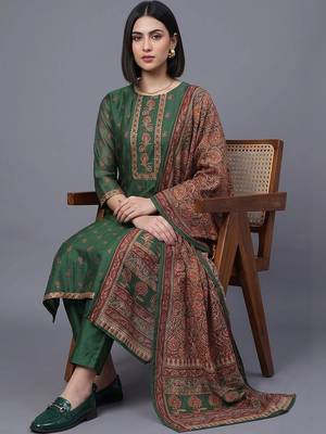women ethnic motifs embroidered regular thread work chanderi silk kurta set 5