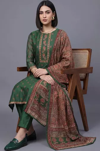 women ethnic motifs embroidered regular thread work chanderi silk kurta set