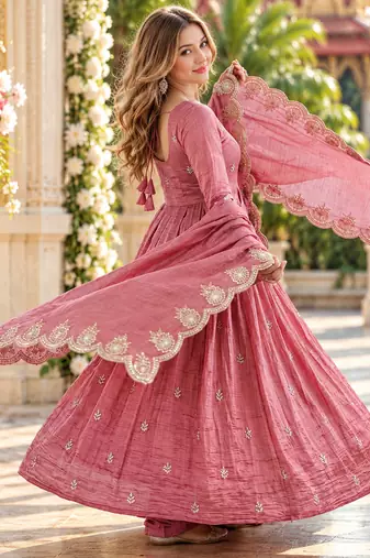 Pink silk blend readymade anarkali with embroidery & sequence work