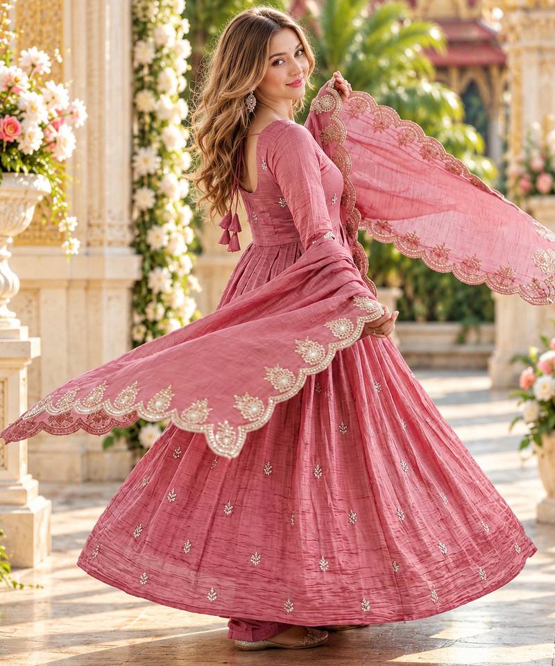 Pink silk blend readymade anarkali with embroidery & sequence work