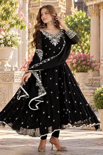 Black georgette readymade anarkali with embroidery & sequence work