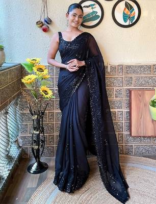 black embellished sequinned pure georgette saree 1