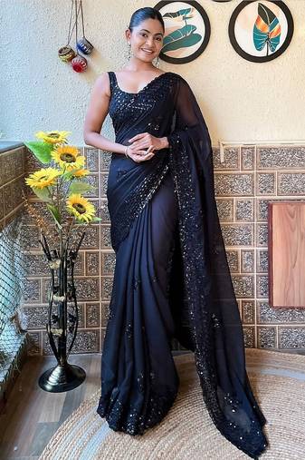black embellished sequinned pure georgette saree