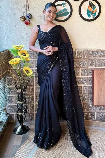 black embellished sequinned pure georgette saree