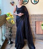 black embellished sequinned pure georgette saree