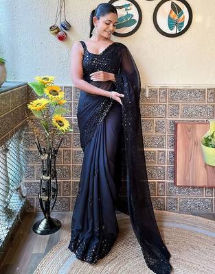 black embellished sequinned pure georgette saree 2