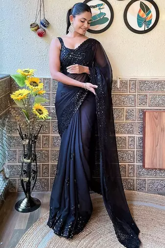 black embellished sequinned pure georgette saree