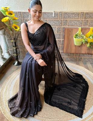 black embellished sequinned pure georgette saree 3