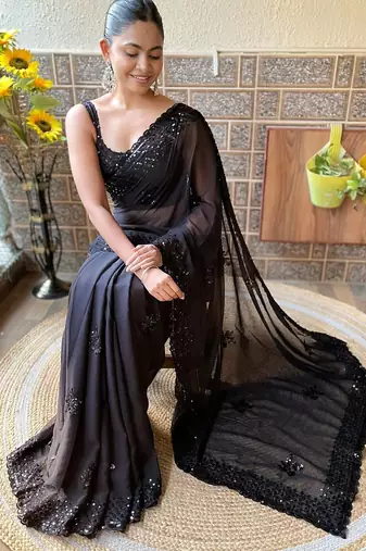 black embellished sequinned pure georgette saree