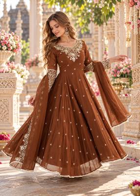 Brown georgette readymade anarkali with embroidery & sequence work 1