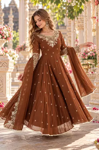 Brown georgette readymade anarkali with embroidery & sequence work
