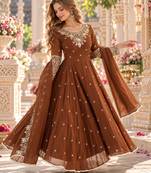 Brown georgette readymade anarkali with embroidery & sequence work
