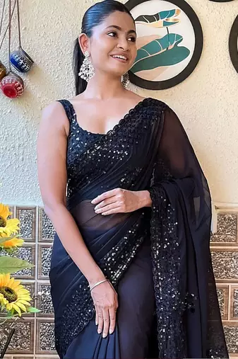 black embellished sequinned pure georgette saree