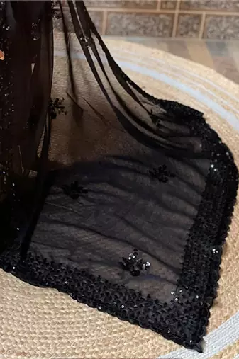 black embellished sequinned pure georgette saree