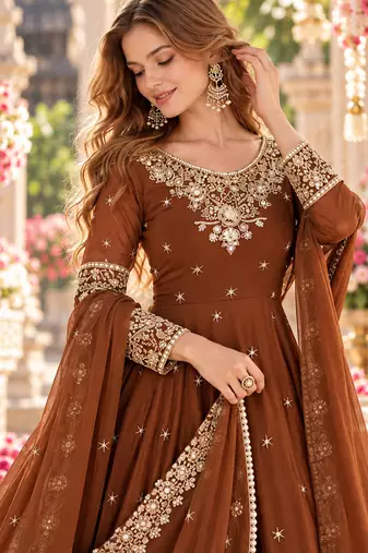 Brown georgette readymade anarkali with embroidery & sequence work
