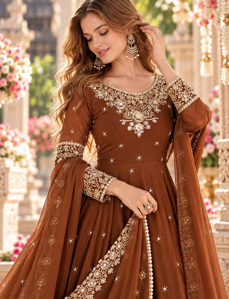 Brown georgette readymade anarkali with embroidery & sequence work