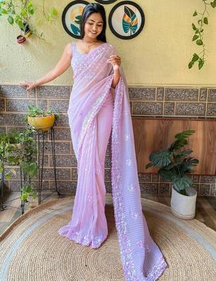 lavender lavender ethnic motifs embroidered sequinned detailed poly georgette saree 1