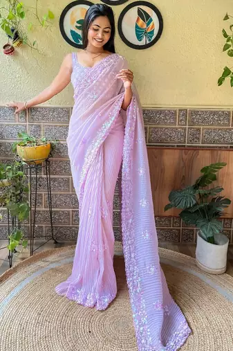 lavender lavender ethnic motifs embroidered sequinned detailed poly georgette saree