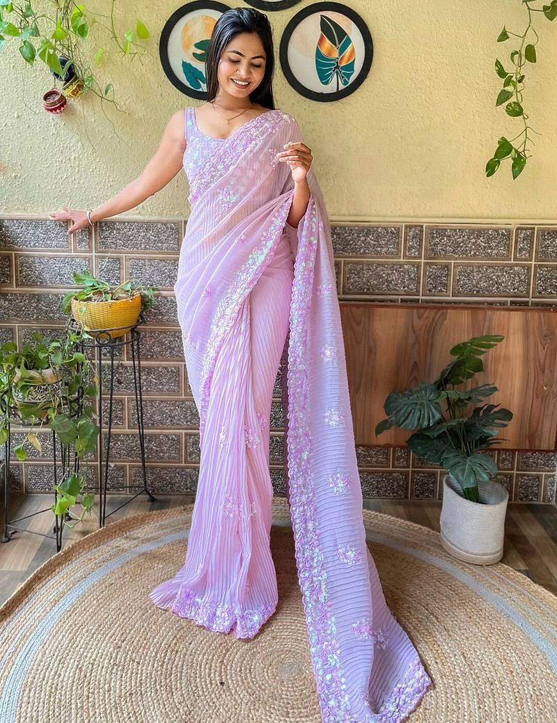 lavender lavender ethnic motifs embroidered sequinned detailed poly georgette saree
