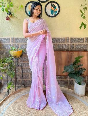 lavender lavender ethnic motifs embroidered sequinned detailed poly georgette saree 2