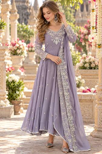 Lavender georgette readymade anarkali with embroidery & sequence work