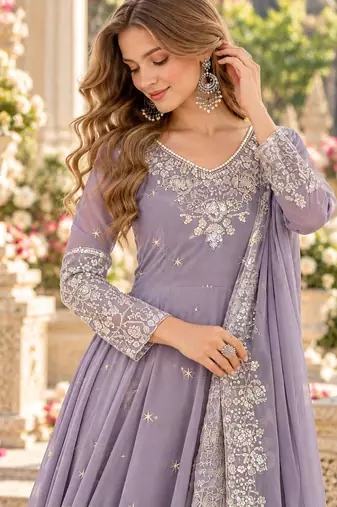 Lavender georgette readymade anarkali with embroidery & sequence work