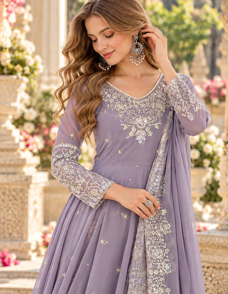 Lavender georgette readymade anarkali with embroidery & sequence work