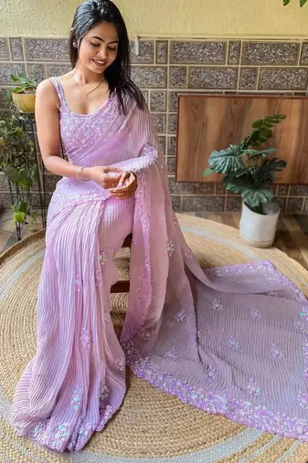 lavender lavender ethnic motifs embroidered sequinned detailed poly georgette saree
