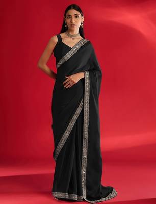 black embroidered satin saree 1